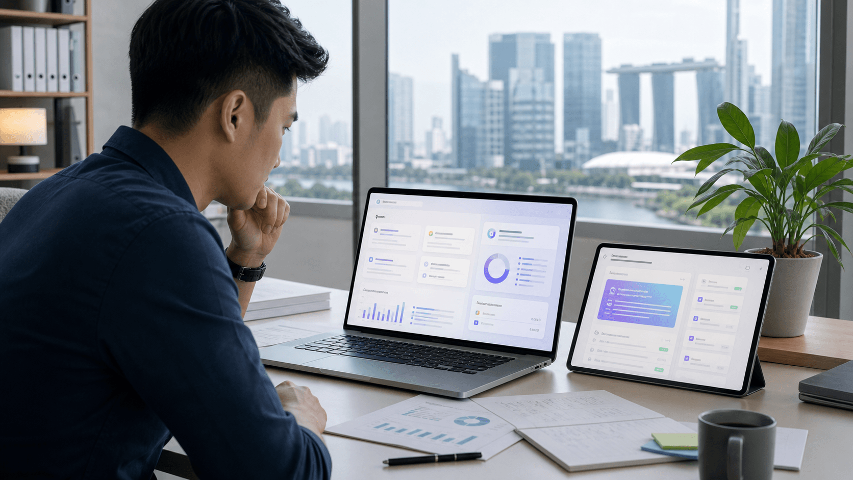 Singapore business owner reviewing AI citation and website evidence dashboards.