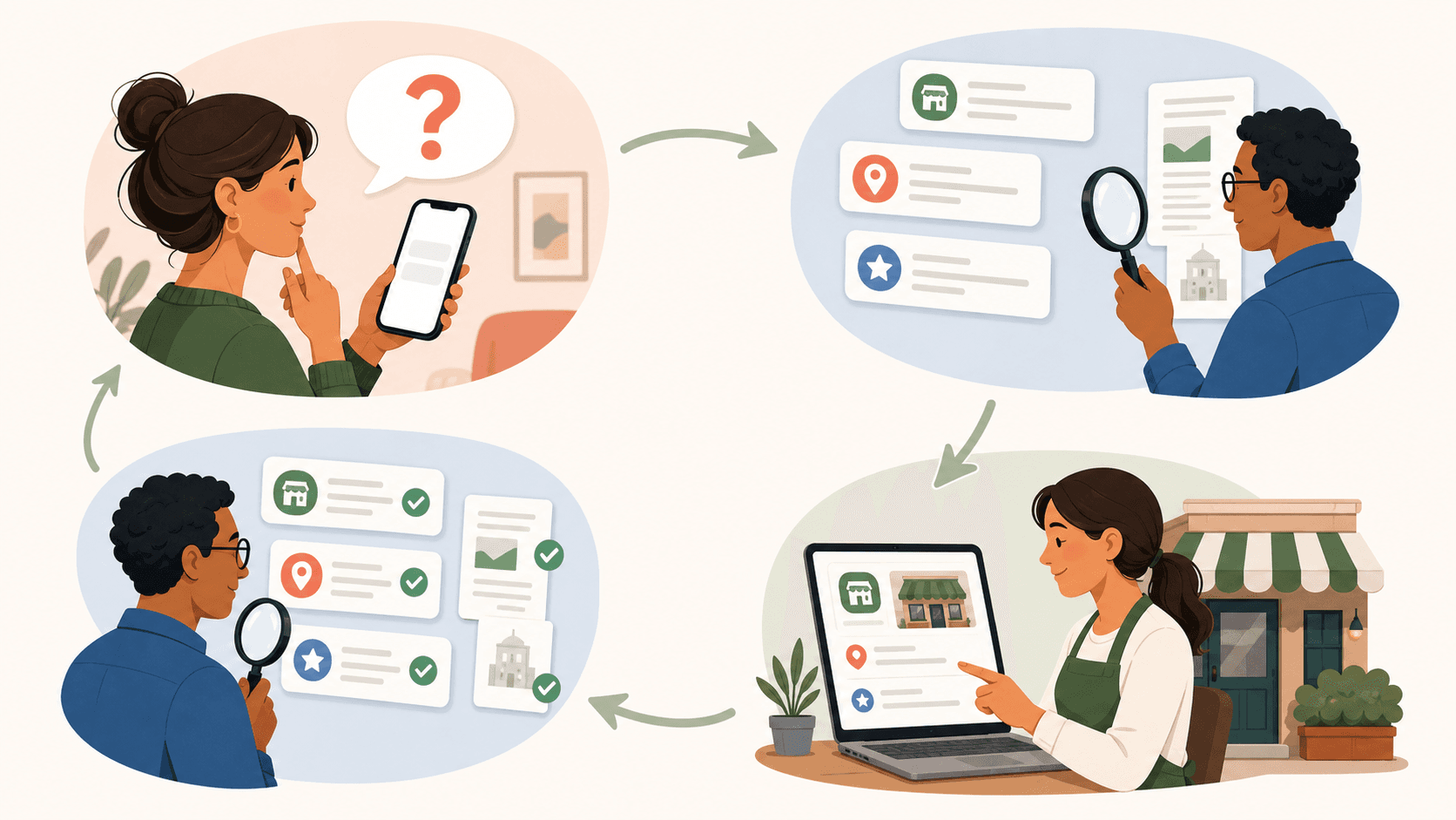 A circular no-text illustration connecting an AI question, recorded evidence, a business improvement, and a repeat check.
