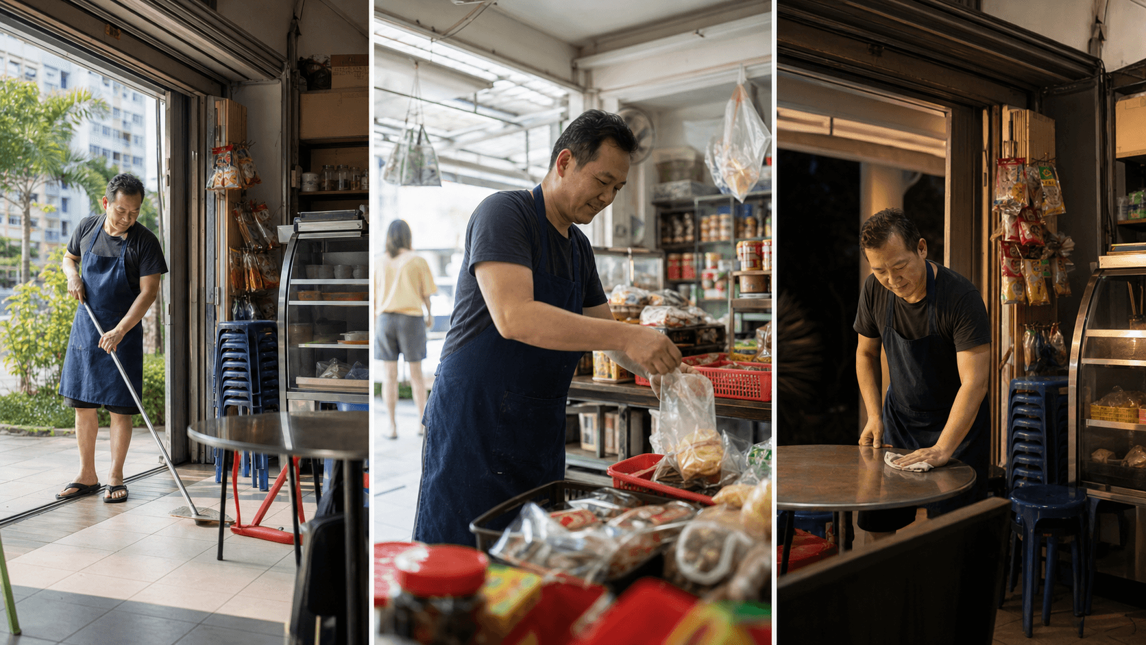 The same Singapore neighbourhood shop shown at three different times as its owner carries out everyday work.