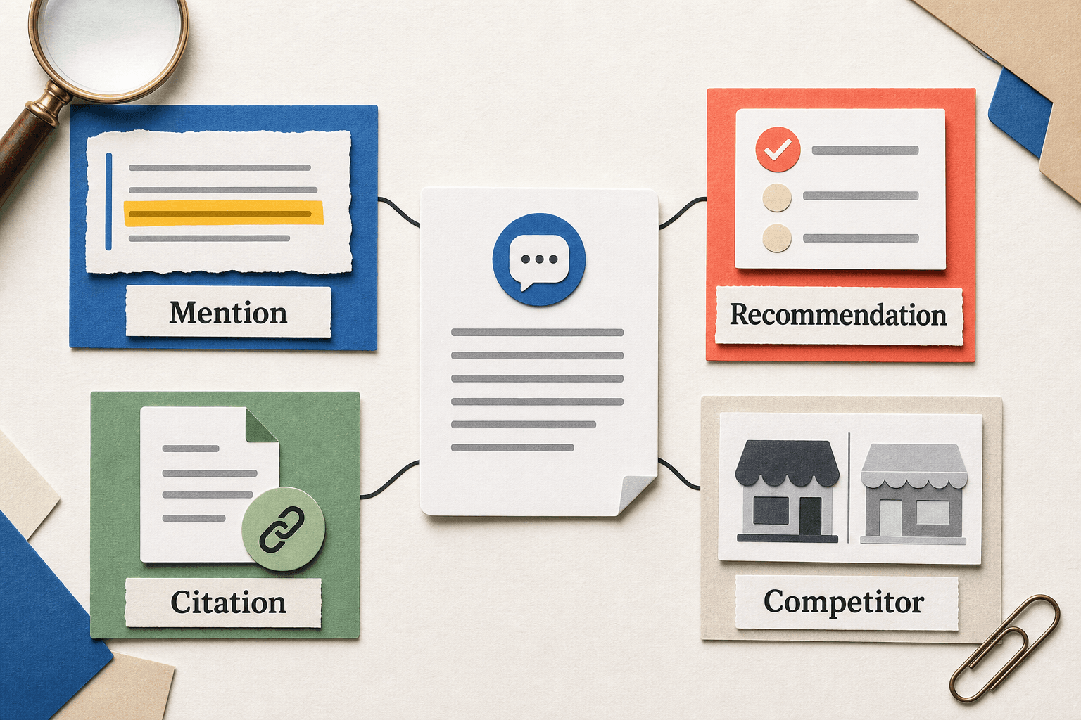 A paper-cut editorial diagram separating one AI answer into mention, recommendation, citation, and competitor evidence.