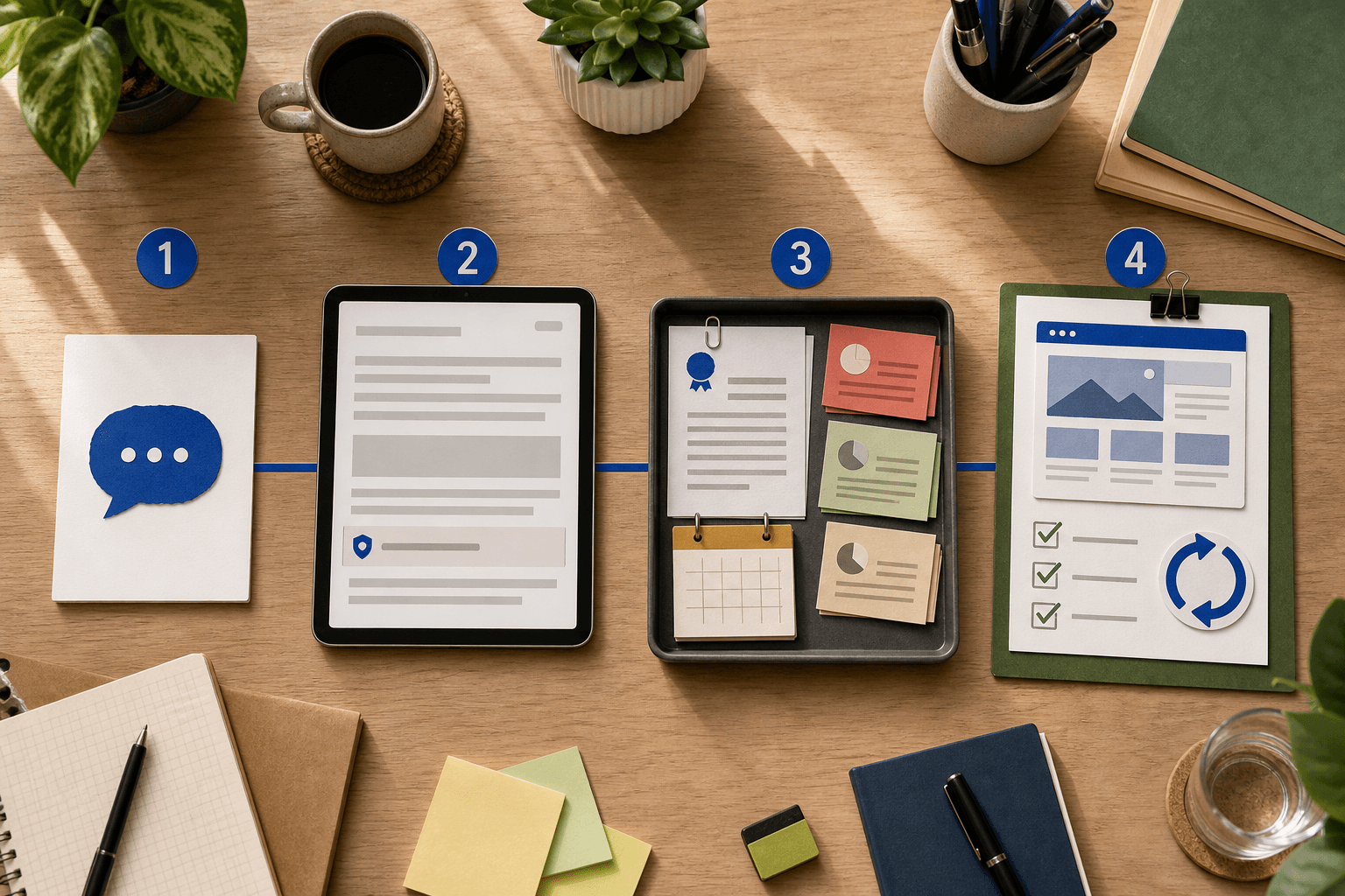 A four-stage editorial workflow moving from a customer question to an AI answer, evidence review, and an owned business action.
