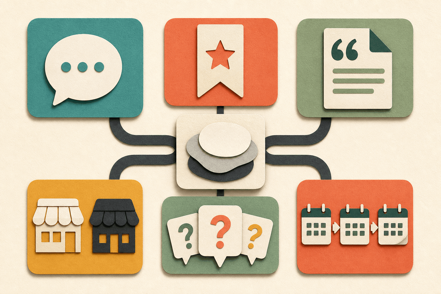 Text-free editorial illustration showing six AI visibility evidence signals connected to one neutral summary.