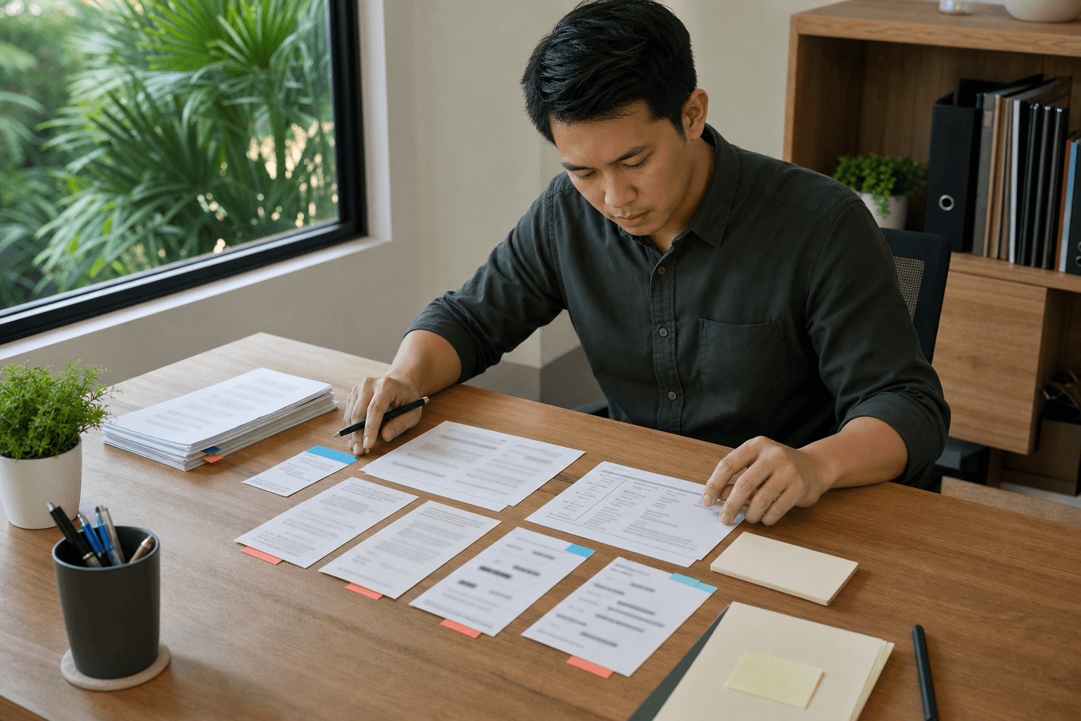 A Singapore SME marketing analyst reviewing several types of AI search evidence on a worktable.