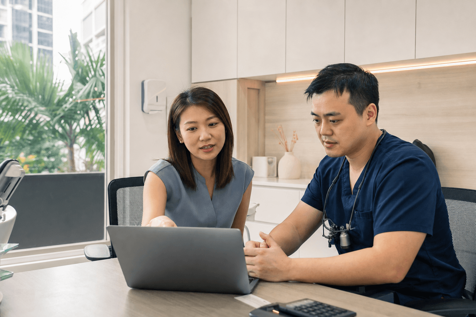 Singapore dental clinic manager and dentist reviewing the clinic website on a laptop.