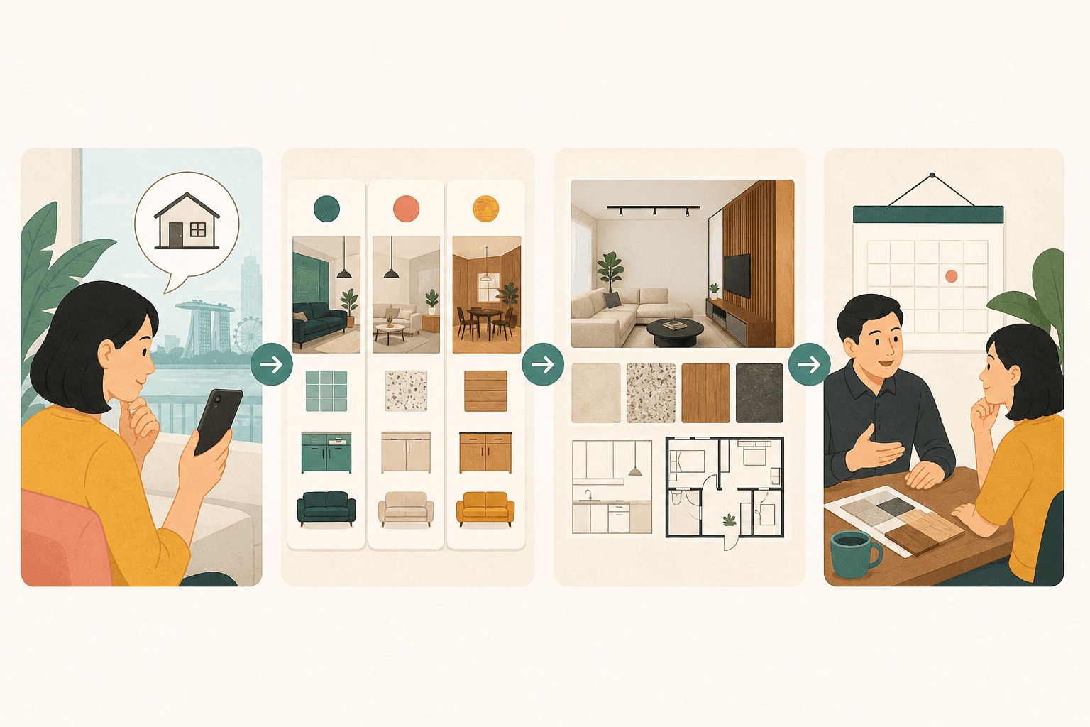 Illustration showing a Singapore homeowner moving from renovation question to comparison, project evidence, and consultation.