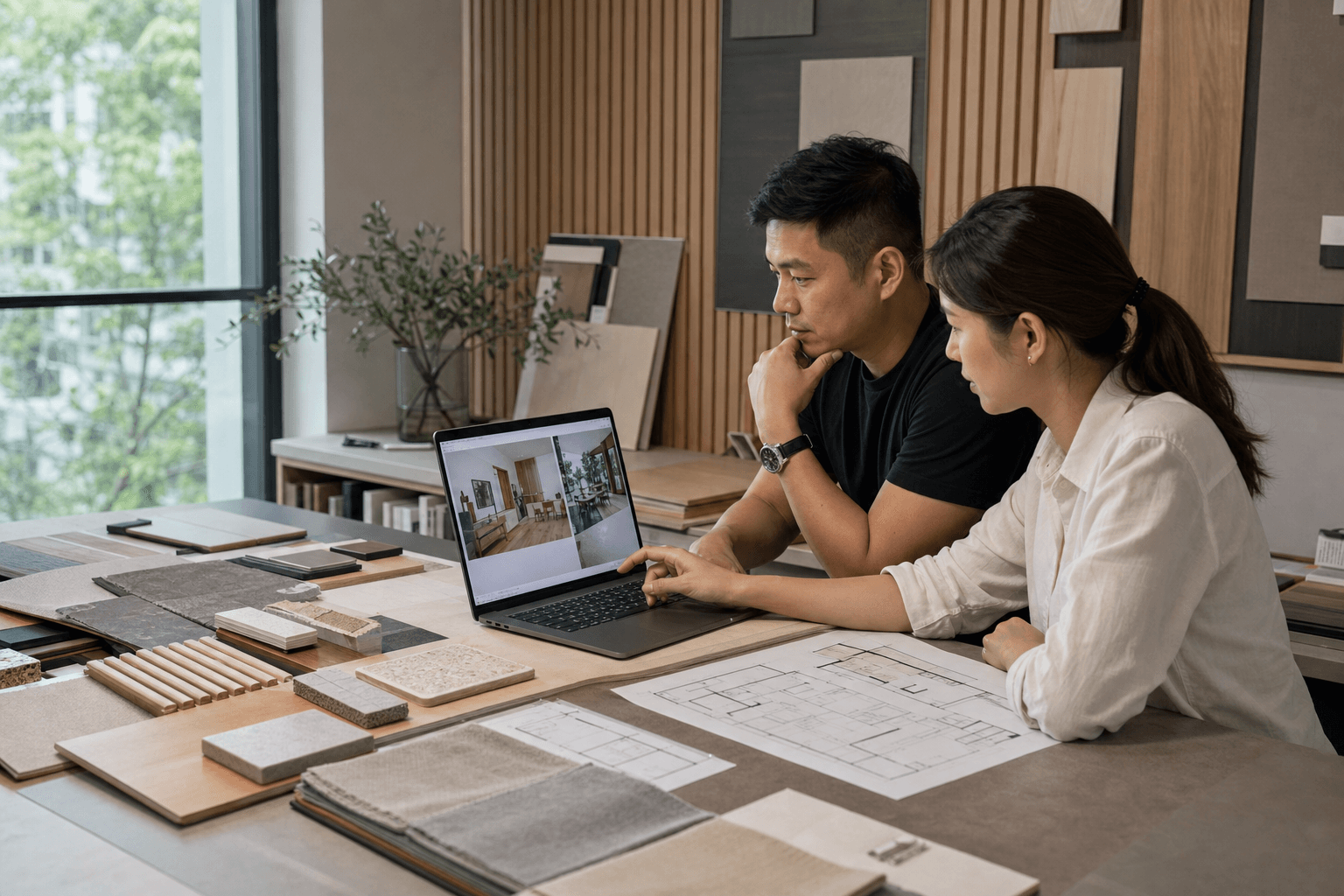 Singapore renovation firm founder and interior designer reviewing a residential portfolio and material samples.