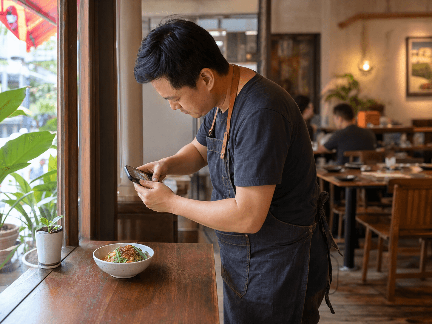 A Singapore restaurant owner photographing a freshly plated dish by a dining-room window before service.