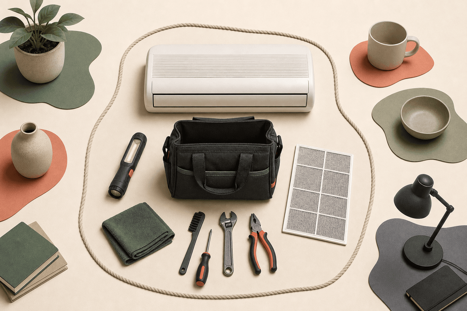 A text-free editorial still life grouping air-conditioning service tools inside a clear service boundary.