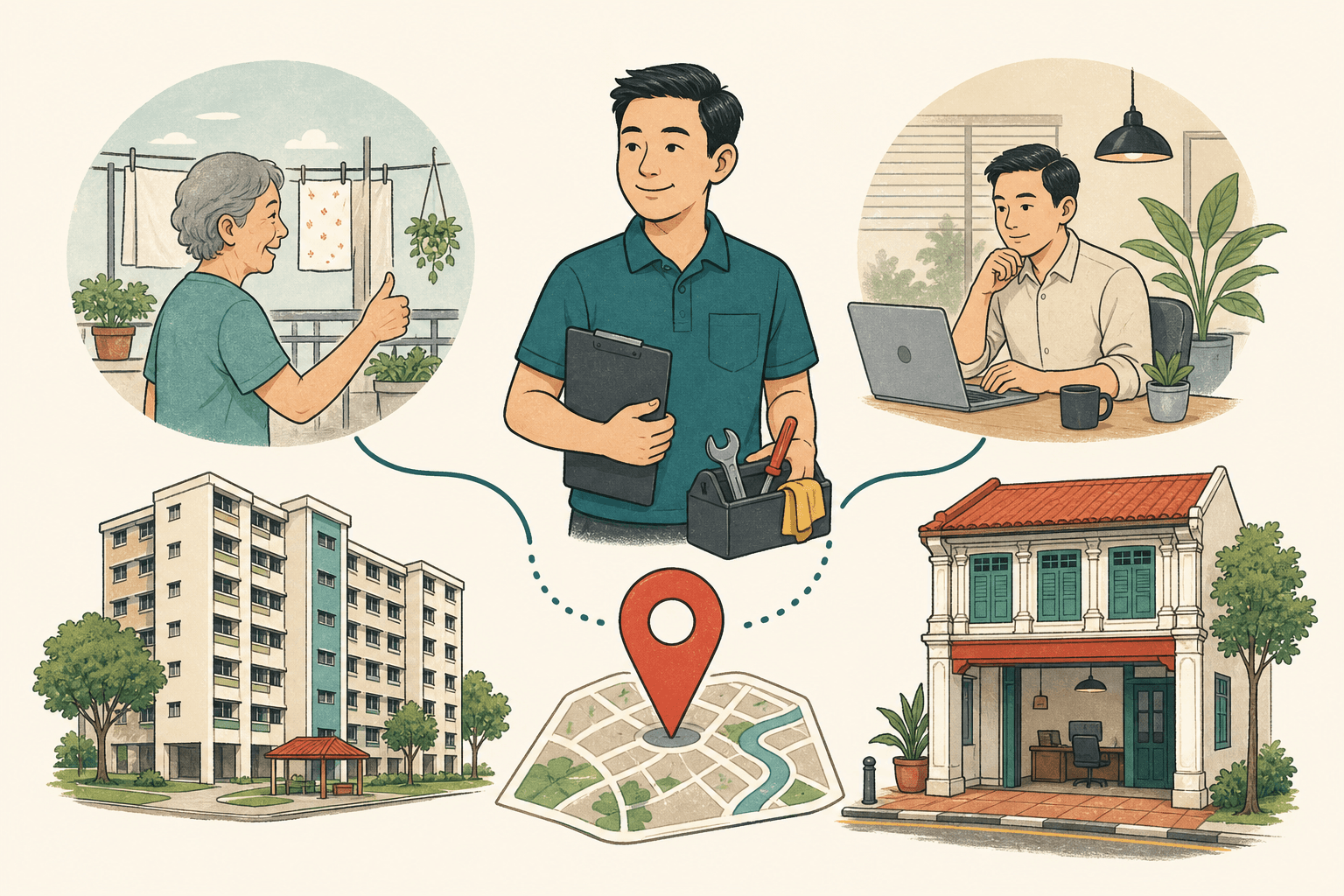 A text-free Singapore editorial illustration connecting a local service professional with home, office, and neighbourhood contexts.