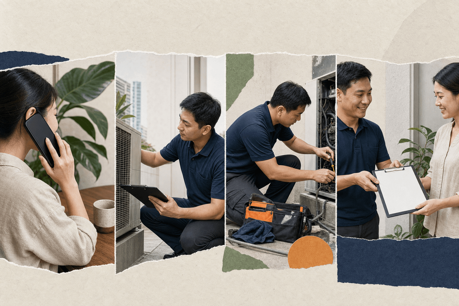 A text-free four-scene collage showing a customer enquiry, service assessment, delivery, and final handover.