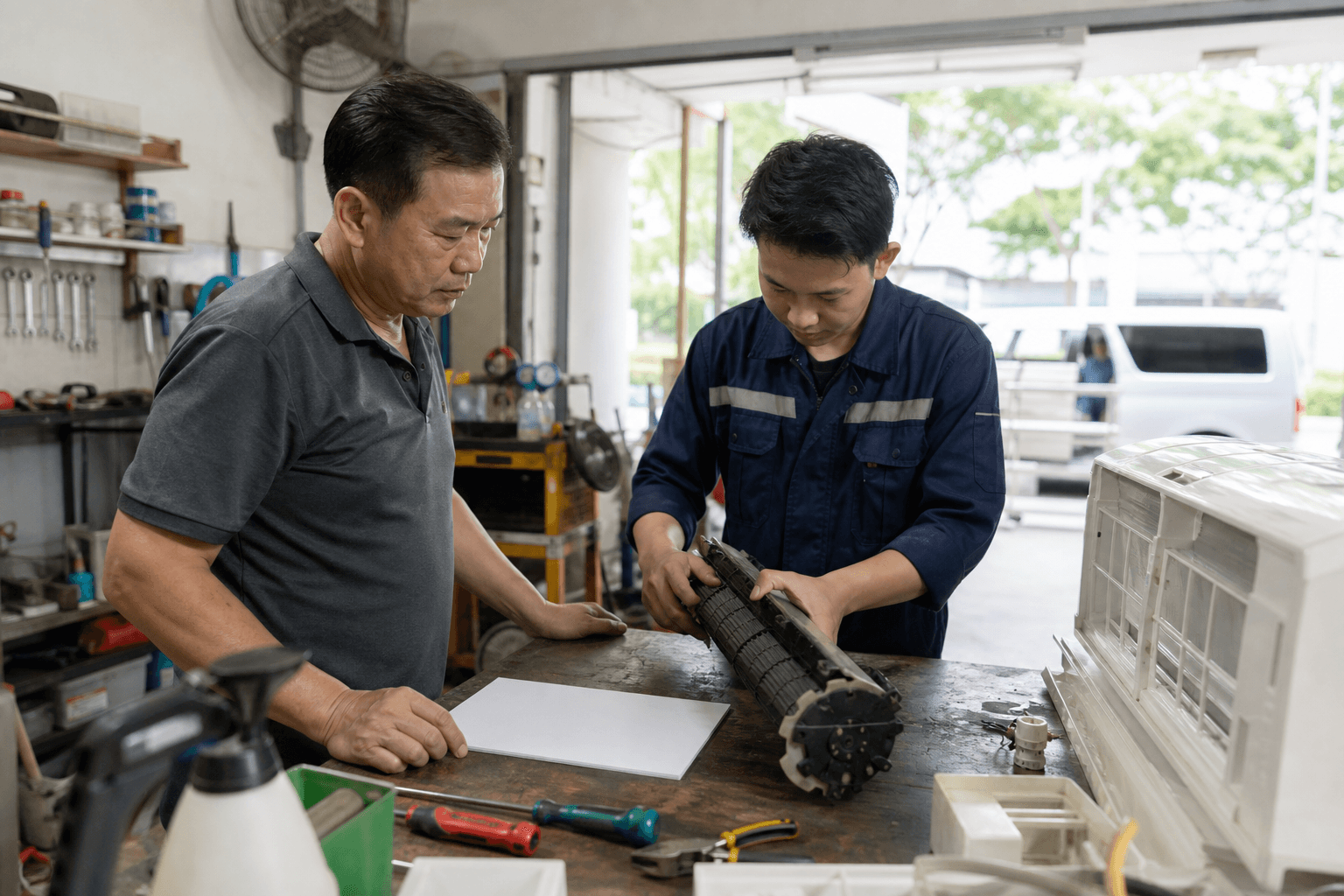 A Singapore service business owner and technician reviewing air-conditioning equipment and the real work involved.