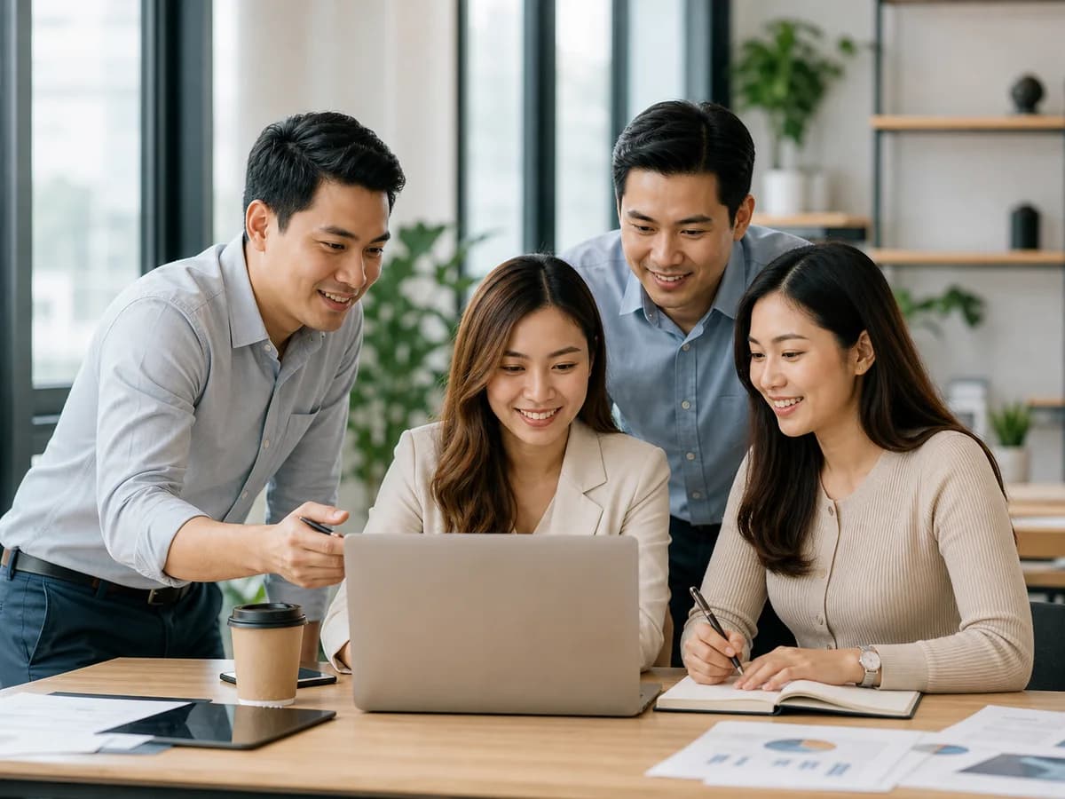 Singapore agency team collaborating around a laptop