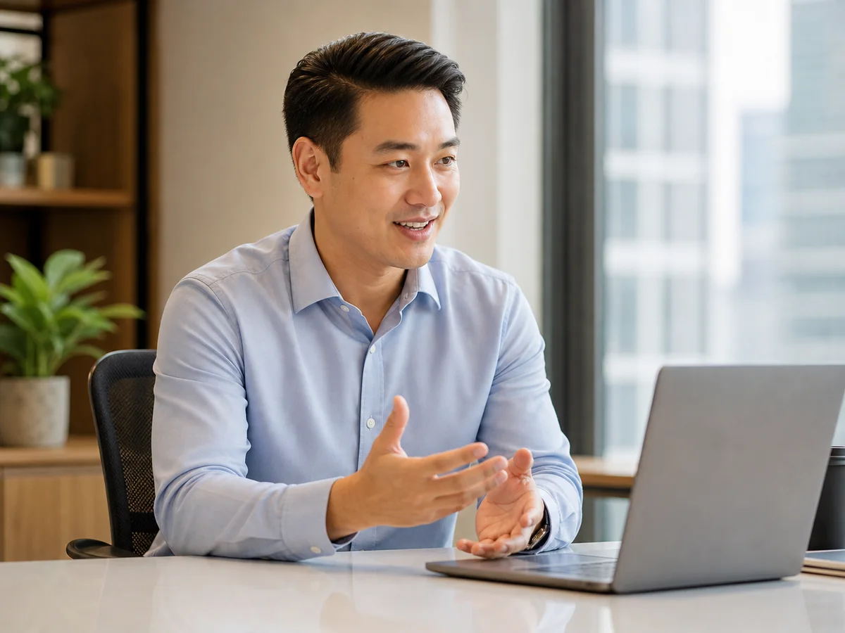 Singapore marketing consultant discussing a plan in an office