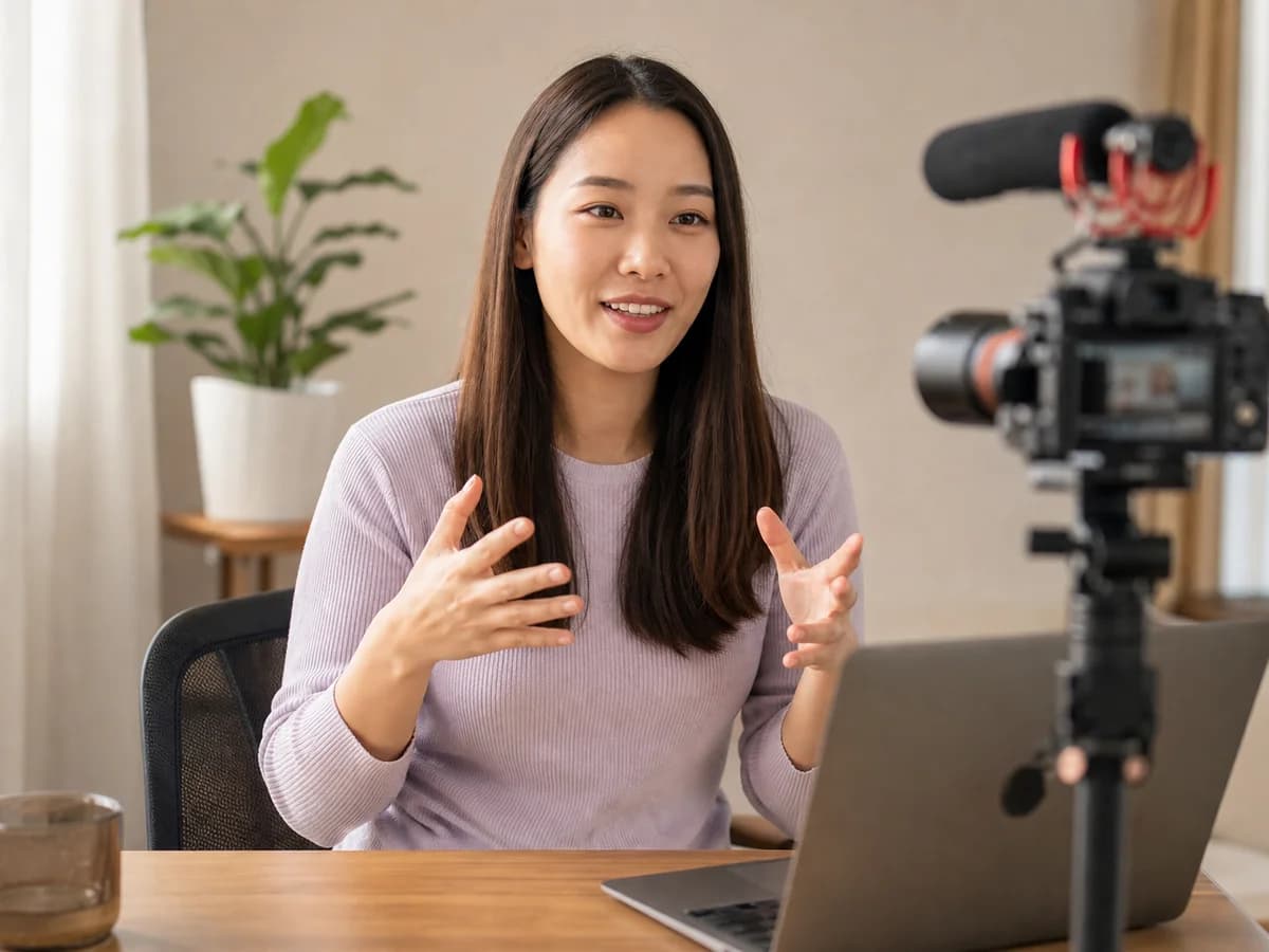 Singapore creator recording business content beside a laptop
