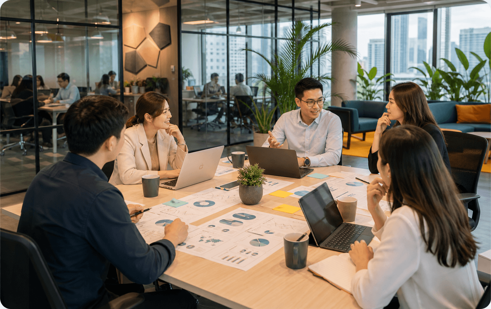 Singapore agency and client team discussing AI visibility strategy in a modern office.