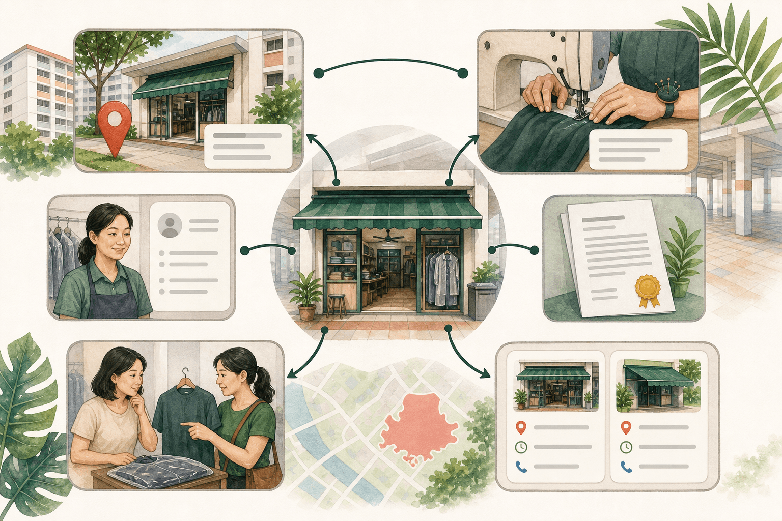 No-text illustration connecting a Singapore shop with its location, service delivery, team, source documents, customer comparison, and public listings.