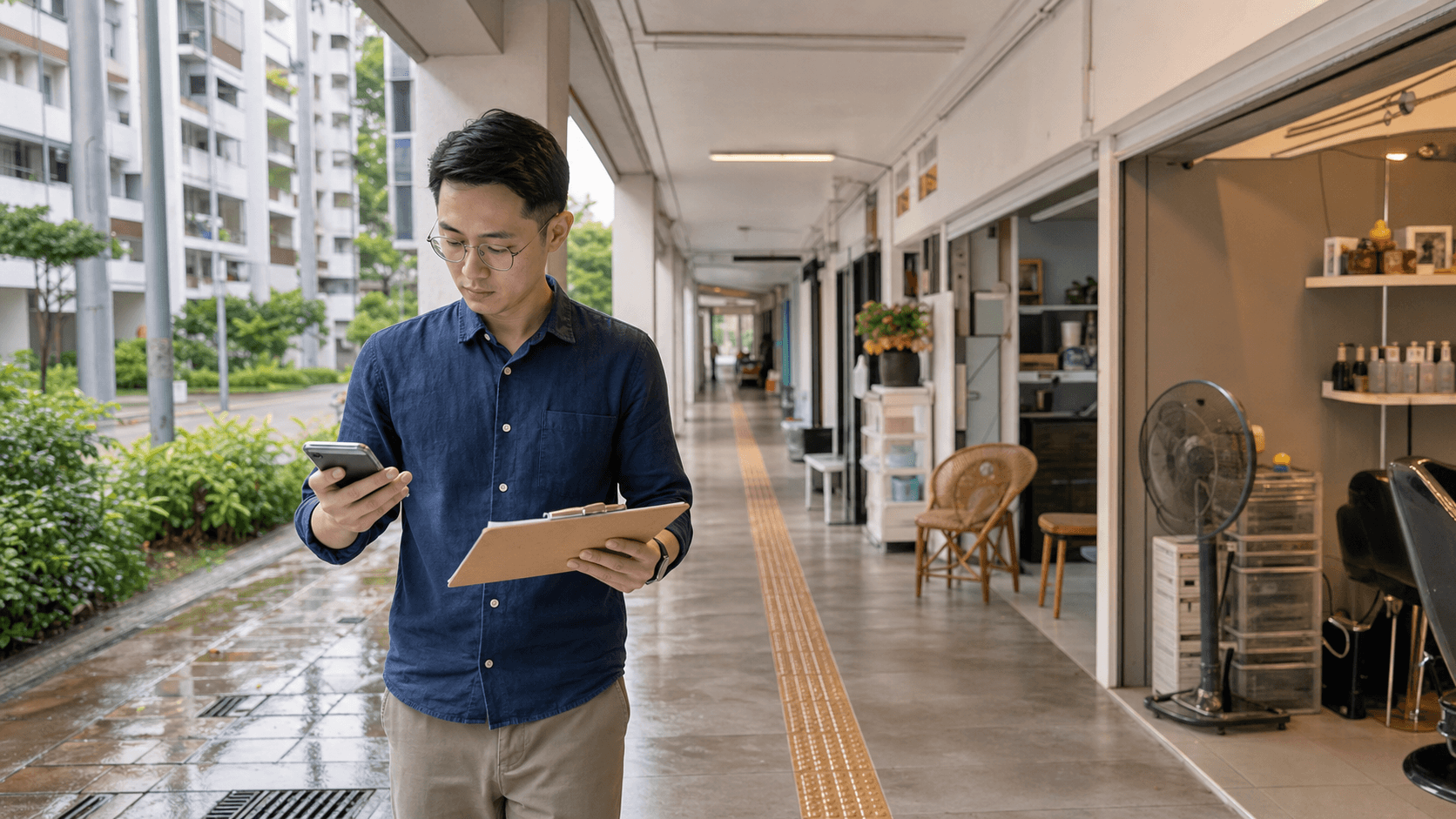 A Singapore marketing manager reviewing local business discovery along a neighbourhood HDB shop corridor after rain.