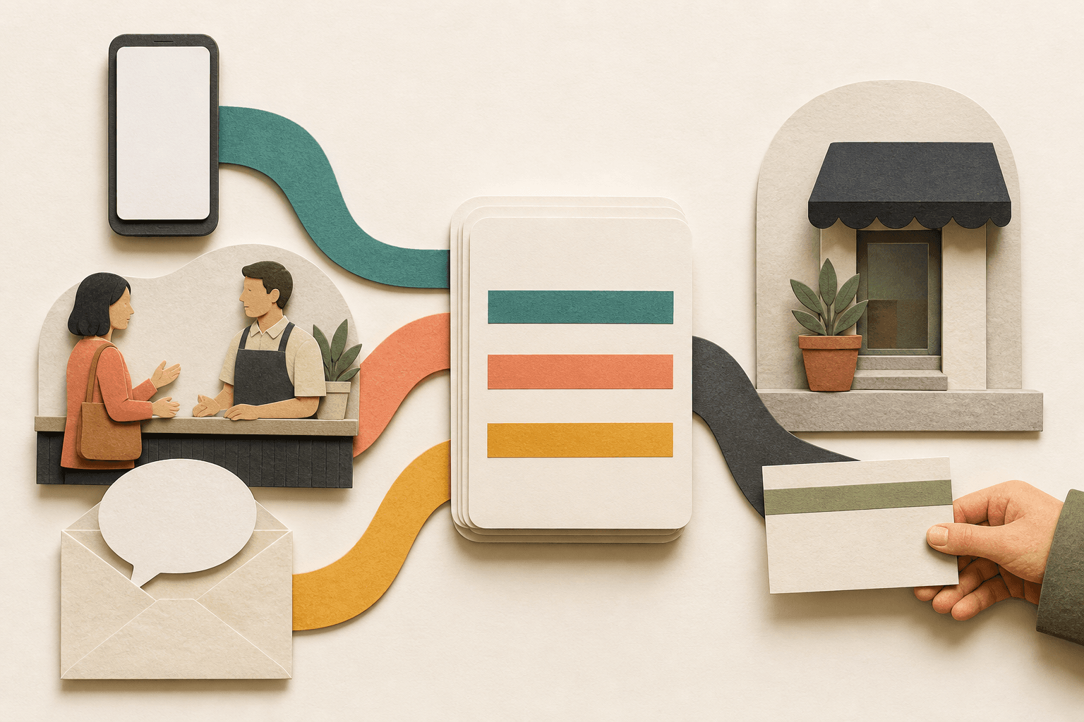 A text-free editorial illustration showing customer questions from phone, email, and a service counter becoming an organised answer resource.
