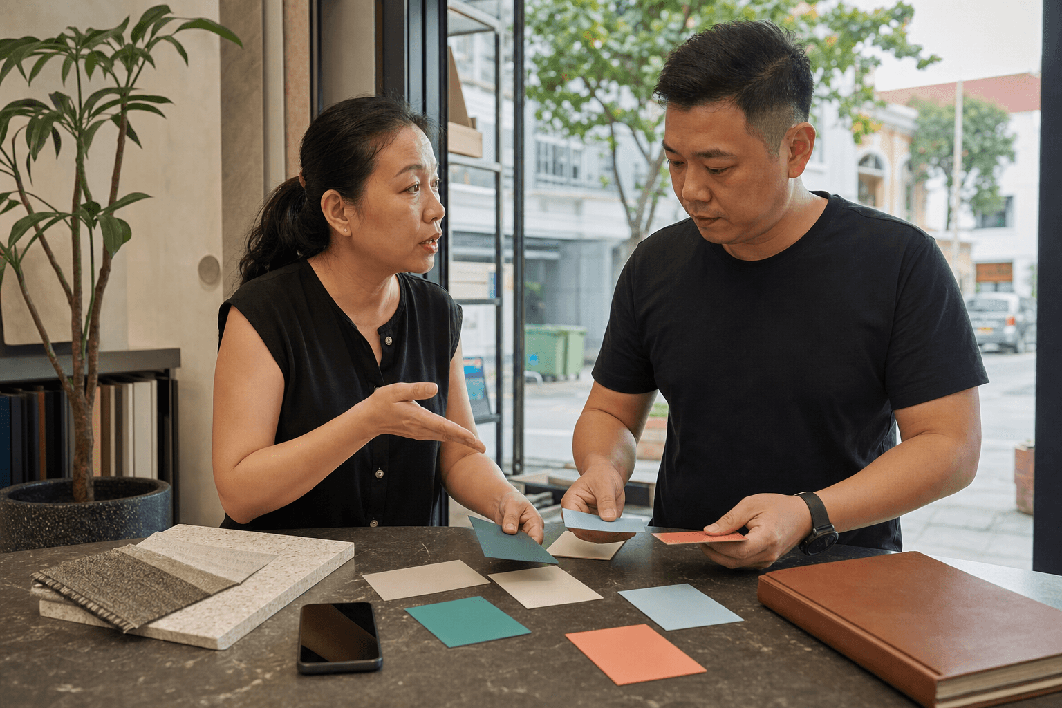 Two Singapore SME team members sorting recurring customer questions at a home-improvement service counter.