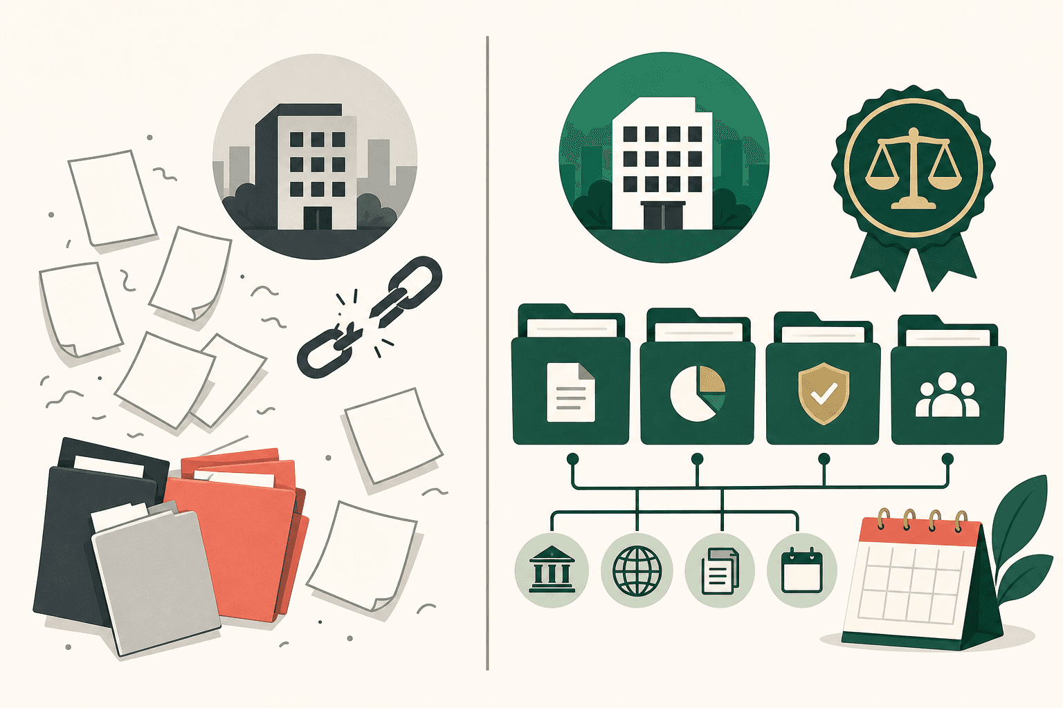 Split illustration comparing scattered accounting-firm information with organised and connected public evidence.