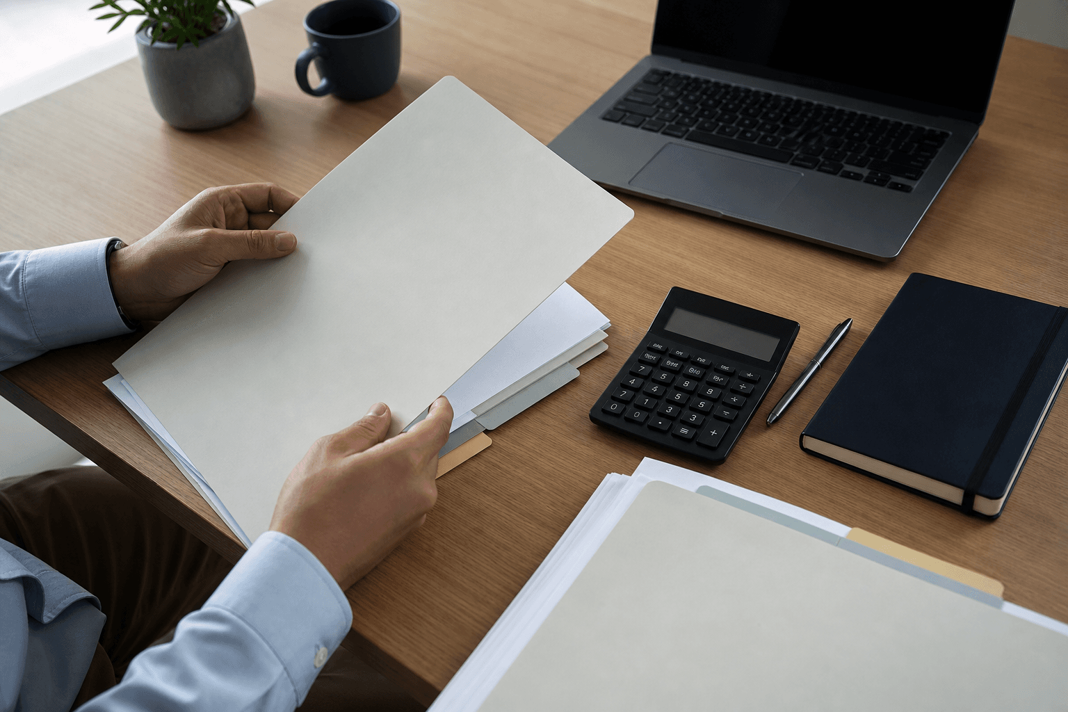 Orderly document-review desk in a Singapore accounting firm with blank folders, calculator, notebook, and laptop.