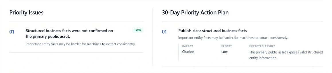 Anonymized Health Check priority issue paired with its 30-day action plan.